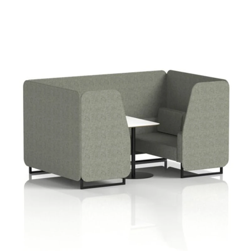 Image of Brixworth 4 Seater Office Booth with Front Panel - Black Legs and White Table with Black Leg in Rivet Fabric - Vitreous Panels and Sofa
