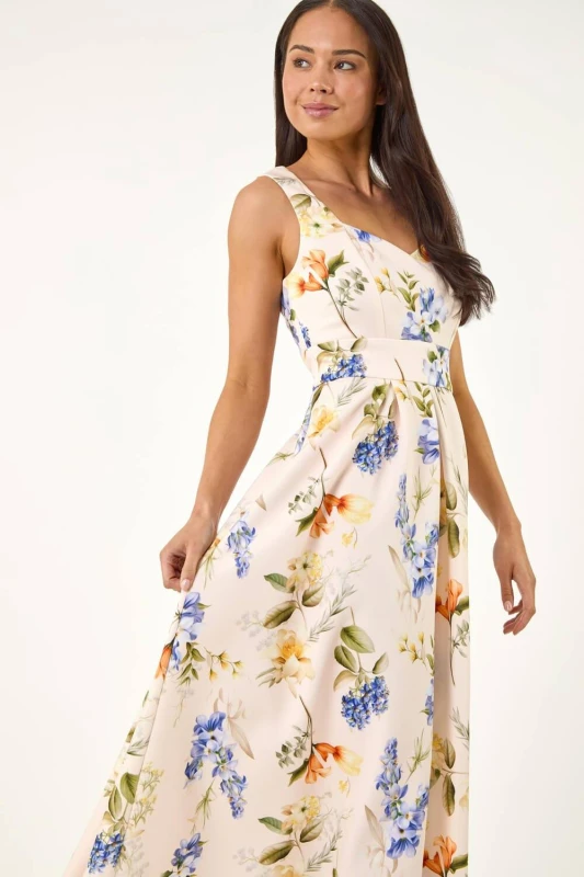Image of Roman Womens Petite Floral Print Premium Stretch Midi Dress in Ivory Size: 12 Ivory Female 12