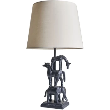 image of Matt Black Stacked Animal Table Lamp with Fabric Lampshade - Beige