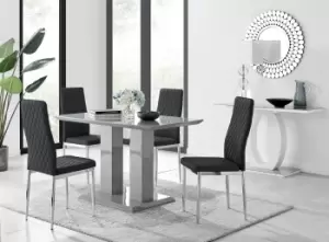 Image of Imperia Grey High Gloss 4 Seater Dining Table with Structural 2 Plinth Column Legs 4 Soft Faux Leather Silver Leg Milan Chairs