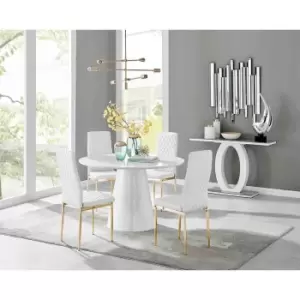 Image of Furniture Box Palma White High Gloss Round Dining Table and 4 White Milan Gold Leg Chairs