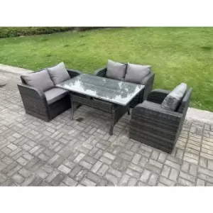 Image of Fimous 5 Seater Outdoor Dark Grey PE Wicker Rattan Reclining Chair Love Sofa Set with Rectangular Dining Table