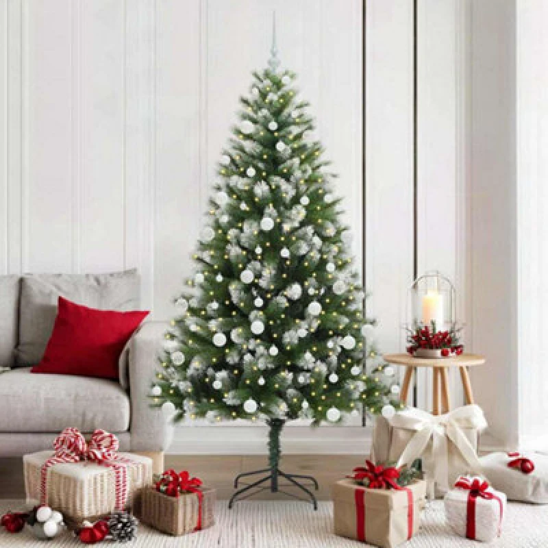 Image of vidaXL Artificial Hinged Christmas Tree with White Balls Flocked Snow 180 cm, Green 3395445