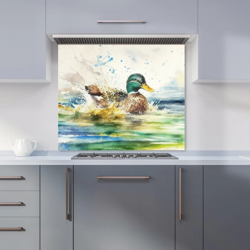 Image of Warren Reed - Designer Splashing Mallard Watercolour Kitchen Splashback in Brown Size: 600mm x 750mm Brown Unisex 600mm x 750mm