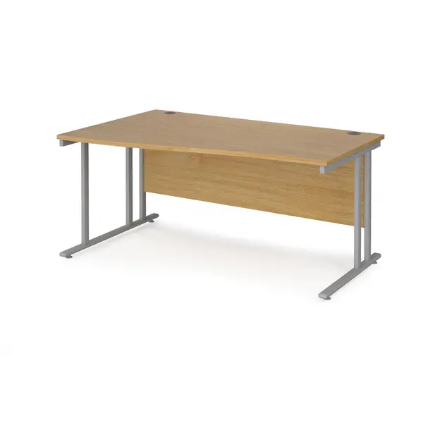 image of Maestro 25 left hand wave desk 1600mm wide - silver cantilever leg frame, oak top