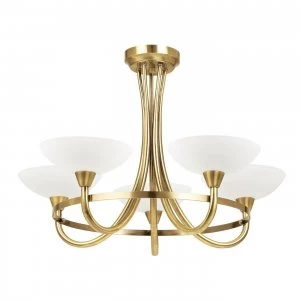 Image of 5 Light Semi Flush Multi Arm Ceiling Light Antique Brass, White Glass, G9