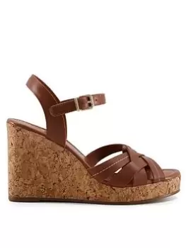 Image of Dune London Dune London Koral Cork Leather Heeled Wedge - Tan, Brown, Size 5, Women