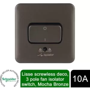 Image of Schneider Electric Lisse Screwless Deco - Single Fan Isolator Switch, 3 Pole, 10AX, GGBL1013BMB, Mocha Bronze with Black Insert