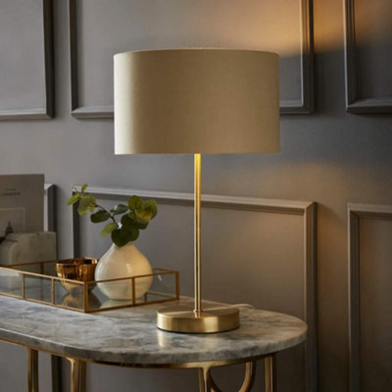 Image of ValueLights ValueLights Charlie Gold Stem Table Lamp with Fabric Drum with Gold Inner Lamp Shade in Natural Natural One Size Unisex 5059406060724