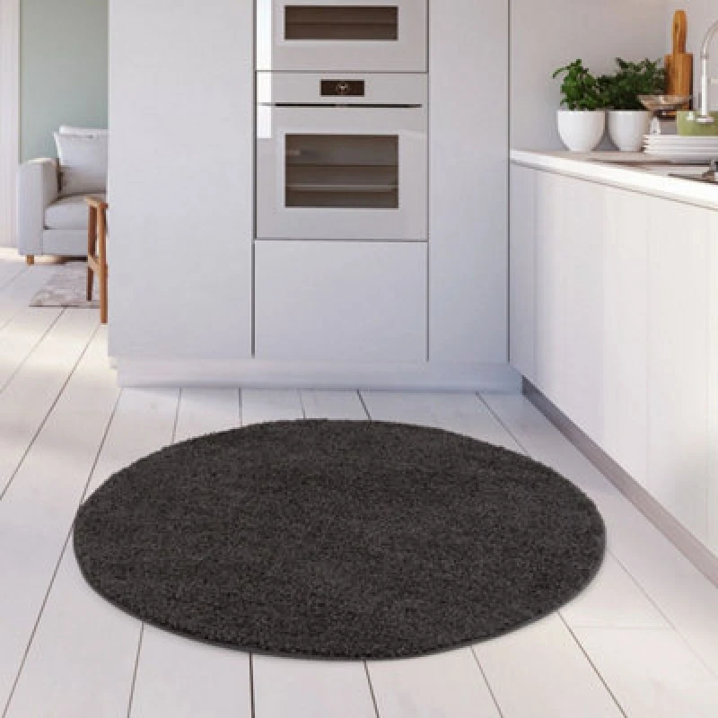 Image of THE RUGS Shaggy Rugs Dark Grey Living Room Rug - Soft Fluffy Thick Carpet For Bedrooms & Kitchen Easy To Clean Home Decor Rugs Size: 120cm diameter