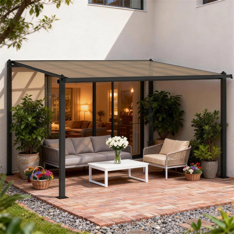 Image of OUTSUNNY 3.6 x 3m Lean to Garden Pergola with Drainage Gutters, Dark Grey Dark Grey Unisex