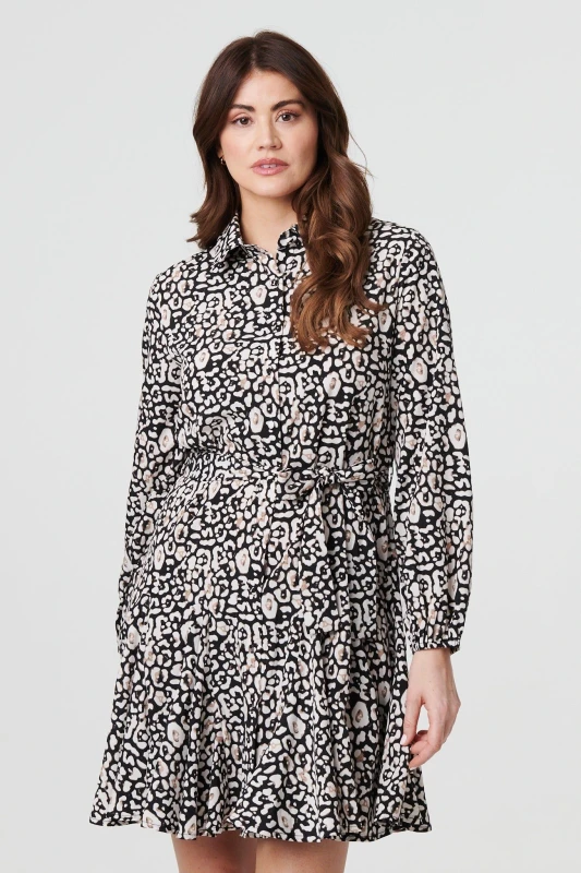 Image of Izabel London Womens Animal Print Tie Waist Short Shirt Dress in Black Size: 10 Black Female 10