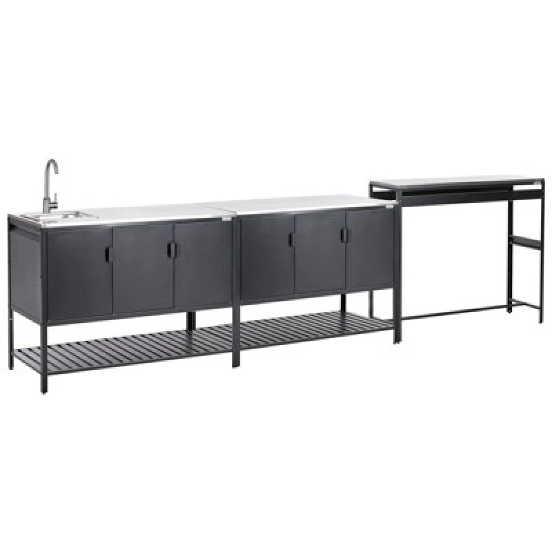 Image of Beliani 3 Piece Outdoor Kitchen Set With Sink Maenza Metal Black