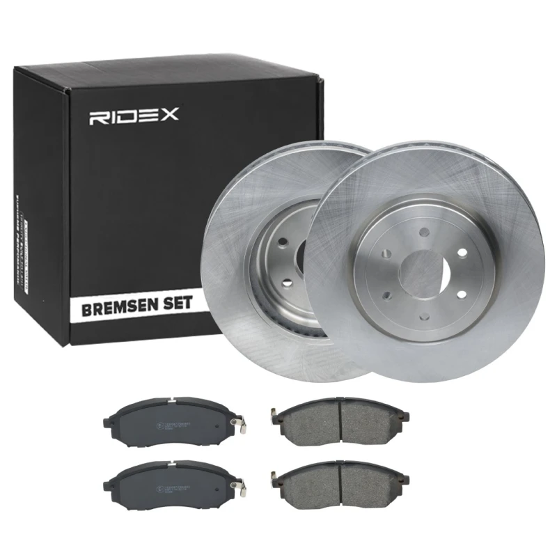 Image of RIDEX 3405B1116 Brake disc and pads set Front Axle, Brake Disc Type: internally vented, with acoustic wear warning Brake Set,disc brakes (3405)