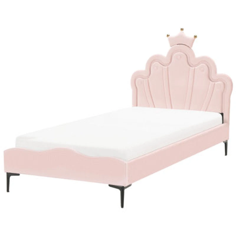 Image of Beliani Kids Bed Crown Velvet Rubian 90 X 200 Cm (Eu Single) With LED Lights Pink