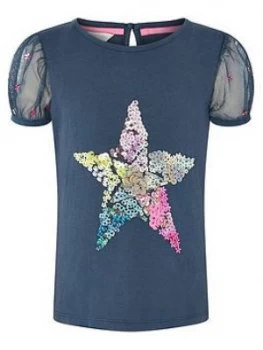 Monsoon Girls S.E.W. Star Puff Sleeve Top - Navy, Size Age: 9-10 Years, Women