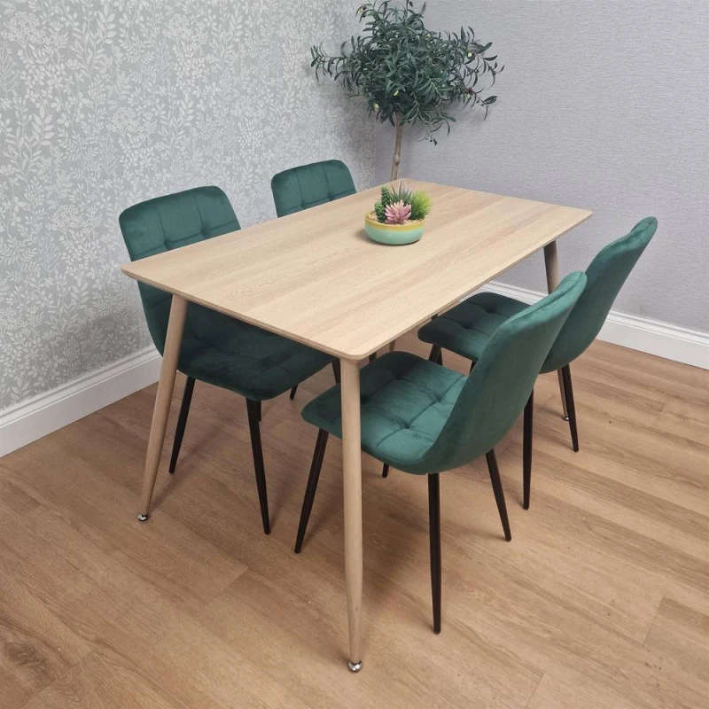 Image of KOSY KOALA Table Set with 4 Green Velvet Chairs Kitchen Dining Furniture Set in Beige Size: 120cm x 70cm Beige Unisex 120cm x 70 cm