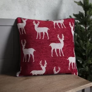 image of All Over Reindeer Red Chenille Cushion Red/Grey