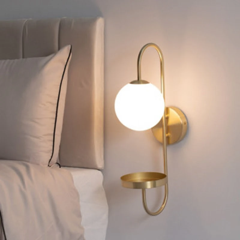 Image of ValueLights ValueLights Milo Frosted Glass Globe Shade Curved Wall Light with Shelf in Gold Gold One Size Unisex 5016529271307