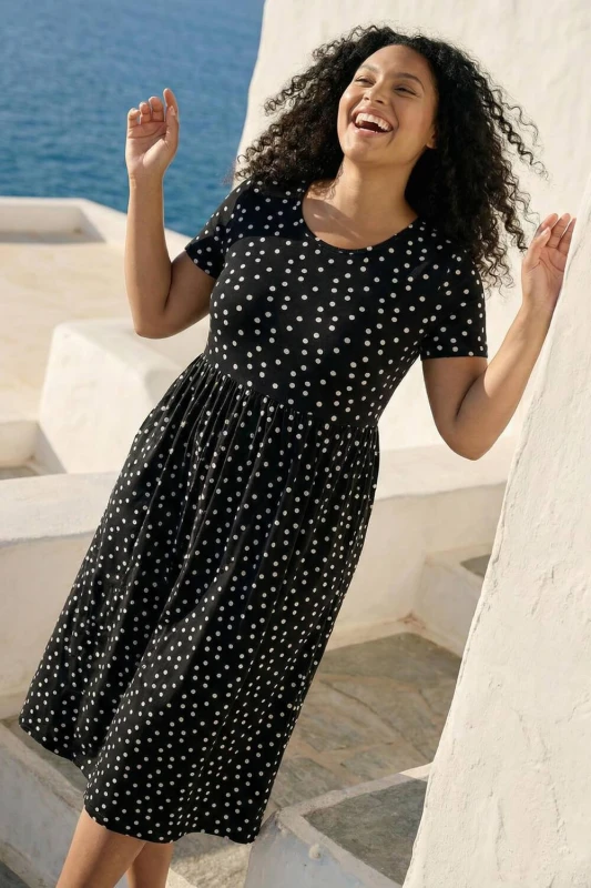 Image of Roman Womens Curve Polka Dot Gathered Waist Dress in Black Size: 18 Black Female 18