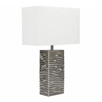 image of Modern Silver Ripple Effect Ceramic Table Lamp + White Light Shade