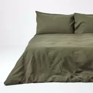 Image of Khaki Green European Linen Duvet Cover Set, 155 x 220cm - Green - Green - Homescapes