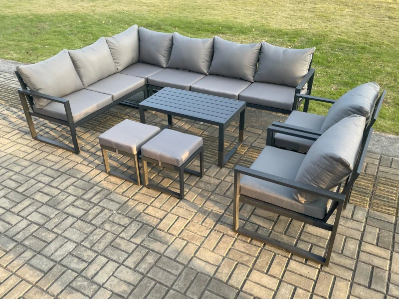 Image of Fimous Aluminium Garden Furniture Set Outdoor Indoor Lounge Corner Sofa 2 Pcs Chair Oblong Coffee Table Sets with 2 Small Footstools Dark Grey Dark Gr