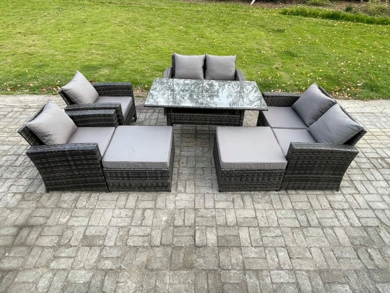 Image of Fimous 8 Seater High Back Outdoor Garden Furniture Rattan Sofa Dining Table Set with Armchair 2 Big Footstool Dark Grey Mixed Dark Grey Unisex