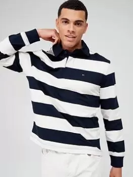 Image of Tommy Hilfiger New Prep Stripe Rugby Long Sleeve Polo Shirt - Navy/White, Blue Size M Men