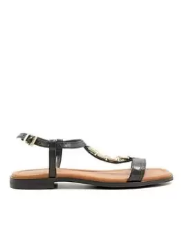 image of Dune London Leather Lotty Chain T Bar Flat Sandal - Black Leather, Black, Size 5, Women