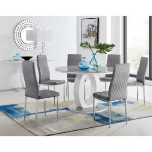 Image of Furniturebox UK - Furniturebox Giovani Grey 120cm Round Dining Table and 6 Grey Velvet Milan Dining Chairs With Silver Legs