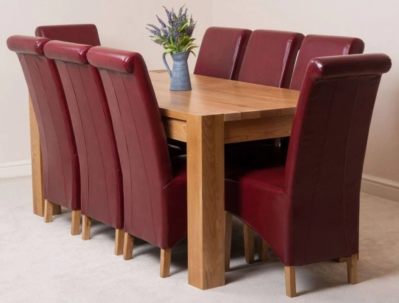 Image of Thats Furniture Kuba 180 x 90cm Chunky Oak Dining Table & 8 Montana Leather Chairs in Red Red Unisex 180 x 90 cm