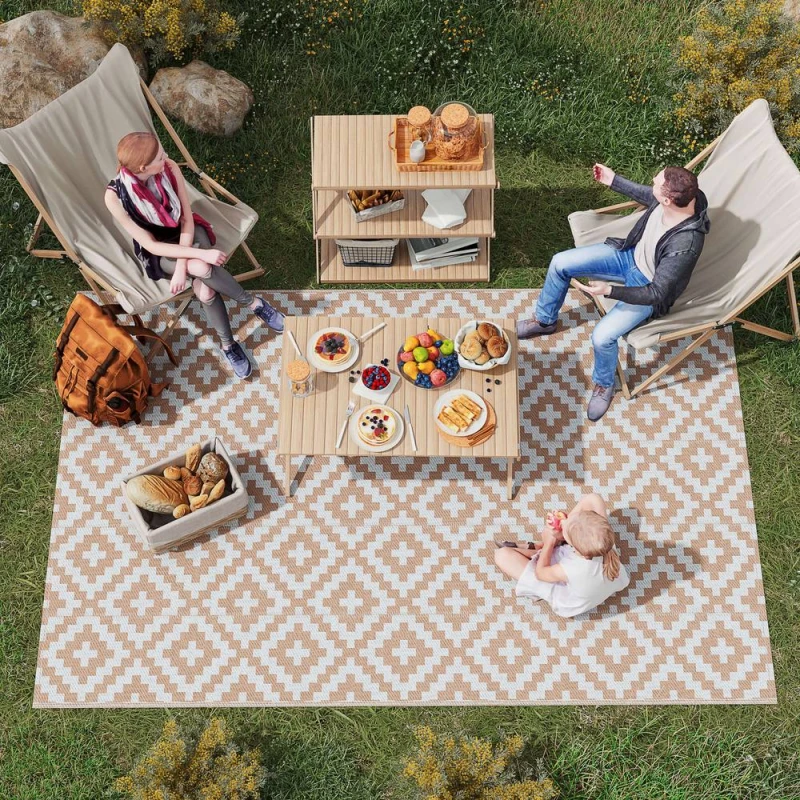 Image of OUTSUNNY 274 x 182cm Reversible Outdoor RV Rug Floor Mat, Coffee & White in Brown Size: 180cm x 270cm Brown Unisex 180cm x 270 cm