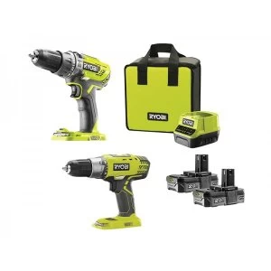 Image of Ryobi ONE+ 18V Cordless Combi Drill and Drill Driver Twin Pack 2 x 2.0Ah Li-ion with Carry Case
