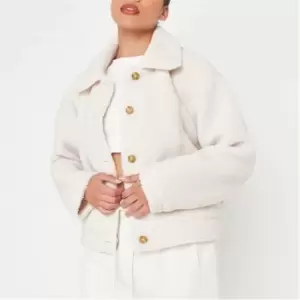 Image of Missguided Petite Oversized Borg Button Jacket - White