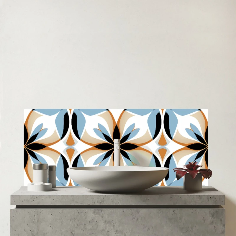 Image of Warren Reed - Designer White Brown & Blue Geometric Pattern Glass Bathroom Splashback Blue Unisex