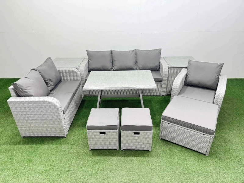 Image of Fimous Patio Dining Table & Chairs Set with Reclining Chair 2 Side Table in Light Grey Light Grey Unisex