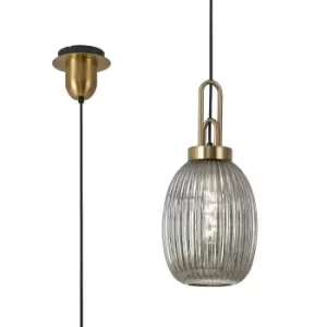 image of Yorktown Ceiling Pendant E27 With 20cm Almond Ribbed Glass, Smoked Brass Gold, Matt Black