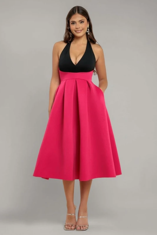 Image of Goddiva Womens Halter Neck Pleated A Line Midaxi Dress in Magenta Size: 8 Magenta Female 8