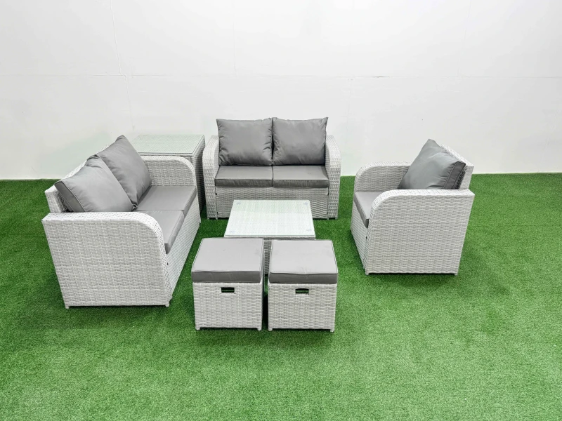 Image of Fimous High Back Poly Rattan Garden Furniture Set with Reclining Chair Loveseat Sofa Square Coffee Table Indoor Outdoor Patio Set 2 Stool Side Table