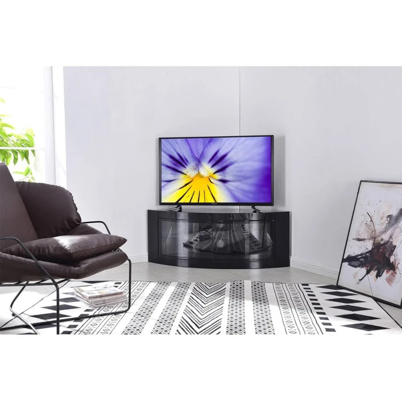 Image of CENTURION SUPPORTS Centurion Supports - pangea Gloss Black Beam-Thru Curved Tru-Corner 32'-50' tv Cabinet Pangea Black