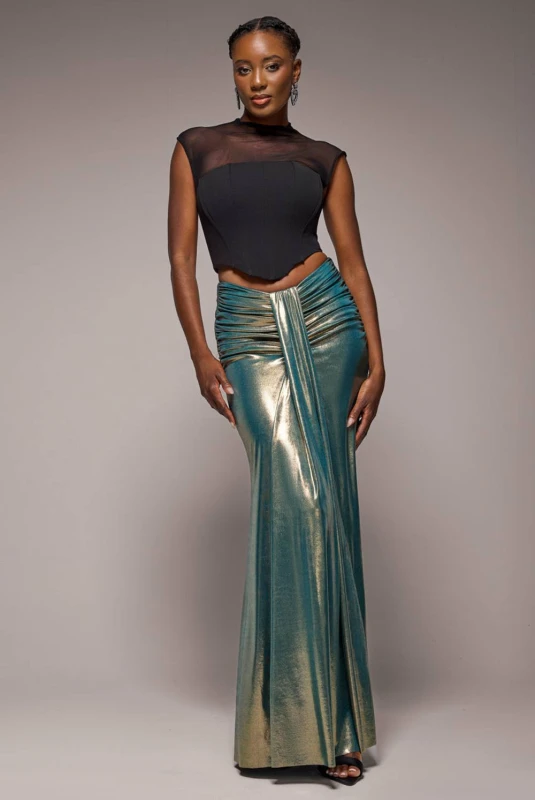 Image of Goddiva Womens Gathered Front Dipped Waist Foil Maxi Skirt in Gold Size: Small Gold Female S