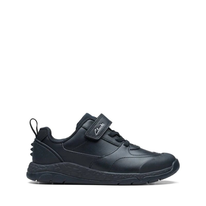 Image of Clarks Steggy Stride Kid Black Leather Trainers, Riptape, School Shoes Size: 2.5-Standard Fit Black Unisex 2.5-Standard Fit