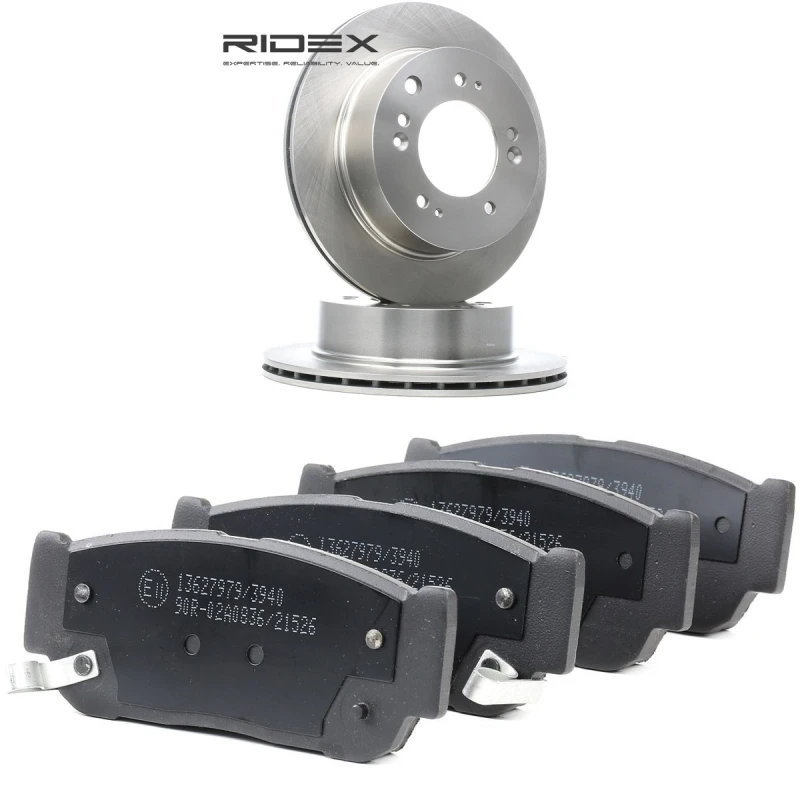 Image of RIDEX 3405B2452 Brake disc and pads set Rear Axle, Brake Disc Type: internally vented, with acoustic wear warning Brake Set,disc brakes (3405)