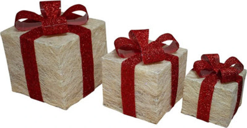 Image of Shatchi Christmas Parcels Pre-Lit Battery Operated LED Glitter Rattan Xmas Presents Novelty Decorations Set of 3 - Cream Cream