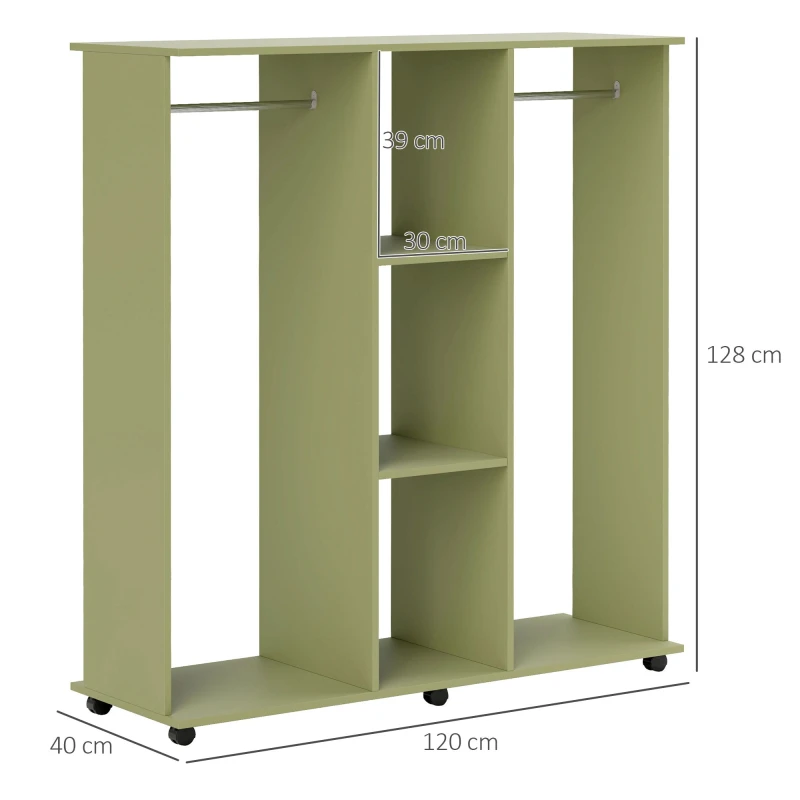 Image of HOMCOM Mobile Double Open Wardrobe w/ Clothes Hanging Rail Colthing Green