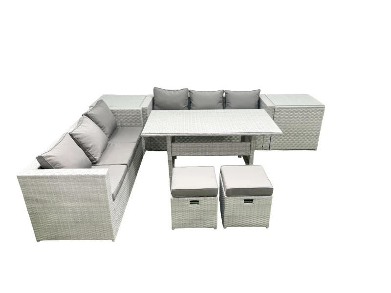 Image of Fimous Rattan Garden Furniture Set 8 Seater Outdoor Sofa Set with Dining Table 2 Side Tables 2 Small Footstools Light Grey Mixed Light Grey