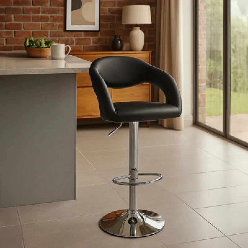 Image of Premier Housewares Black Faux Leather Bar Chair, Backrest Breakfast Bar Chair, Footrest Living Bar Chair Kitchen Black