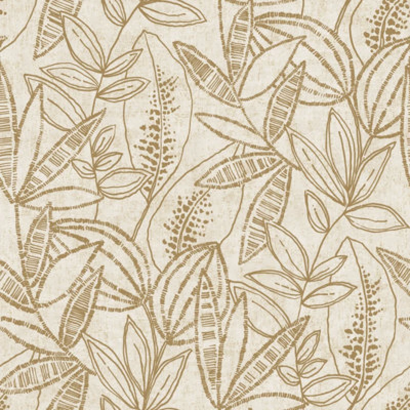 Image of Grandeco Valadera Stitched Sketched Leaves Blown Vinyl Wallpaper, Neutral Yellow