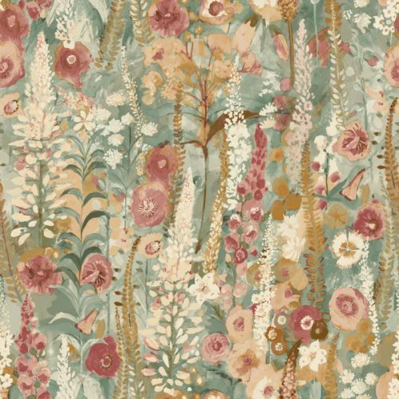 Image of Grandeco Handpainted Delphinium Forest Floral Garden Textured Wallpaper, Sage Green Neutral, Green A74603